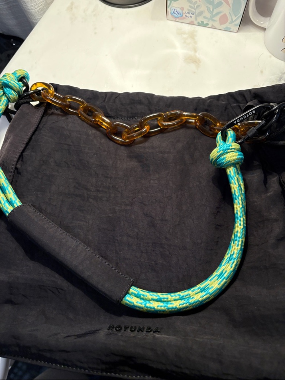 Rotunda Black Hobo Bag with Turquoise & Yellow Rope Strap